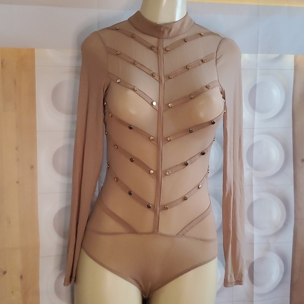 Top Chic Sexy Mesh Bodysuit Women Elegant Playsuit Long Sleeve Top Size S